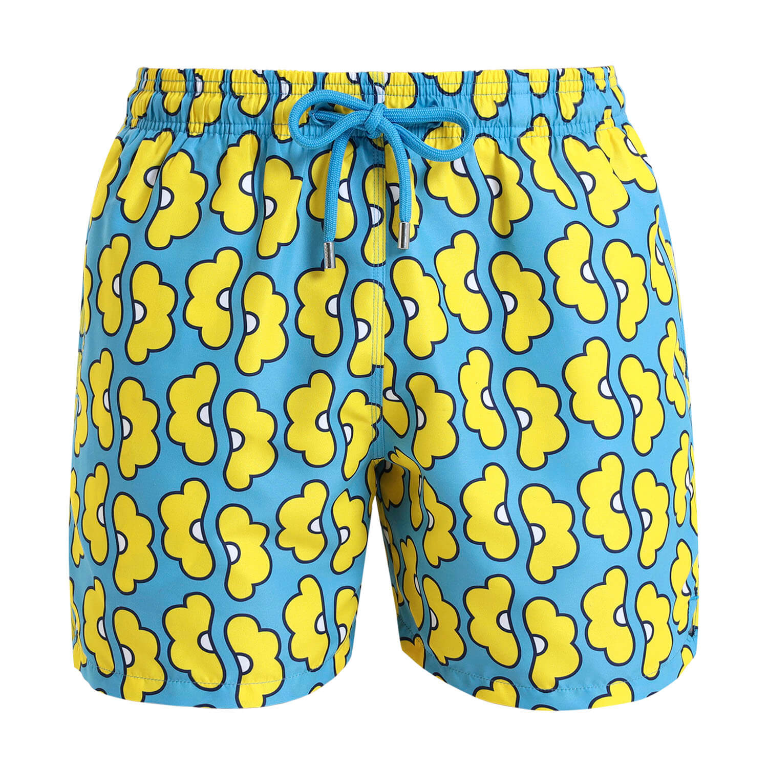 Mens swim shorts with a bright and bold yellow and blue daisy print