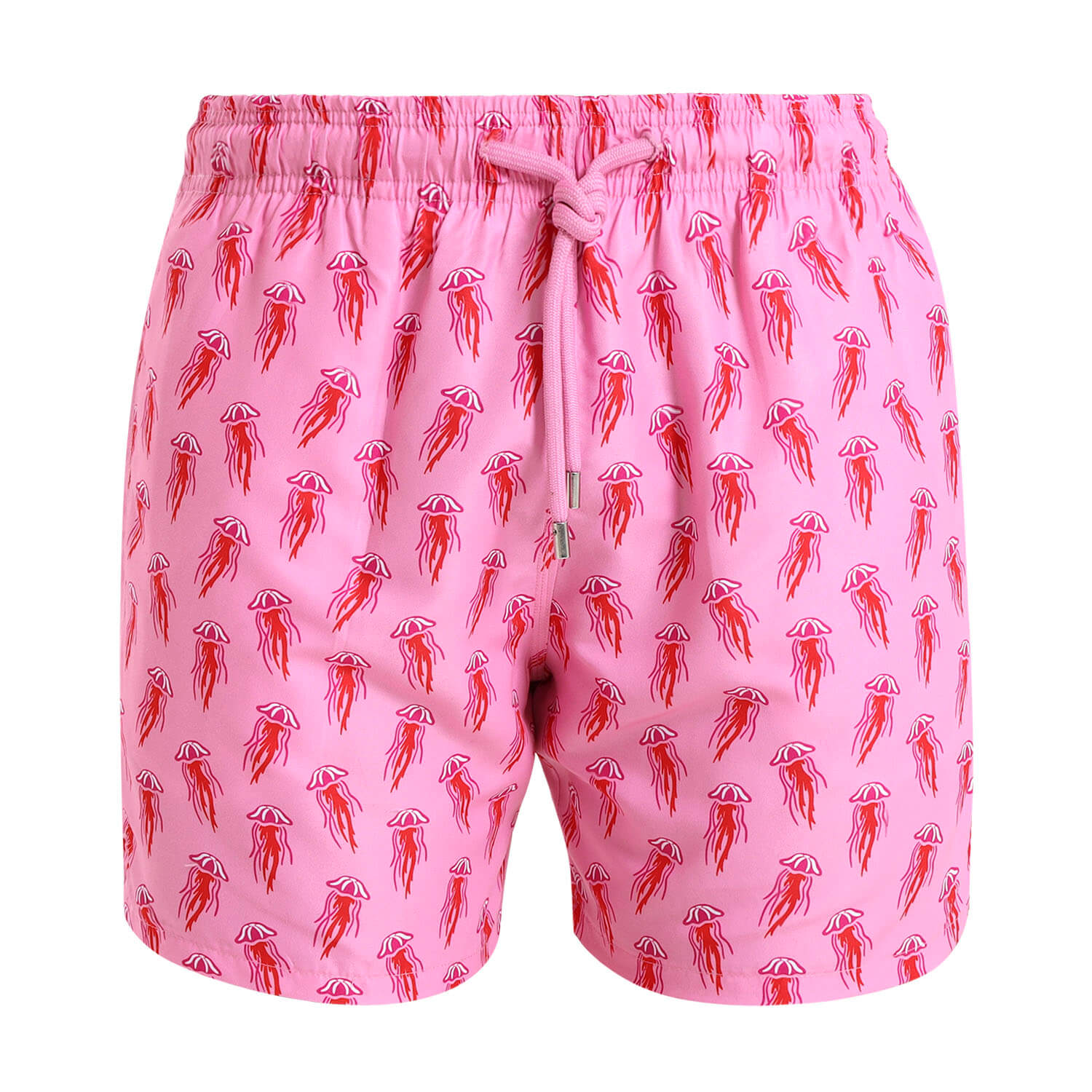 Pink swim shorts with a red jellyfish pattern all over them.