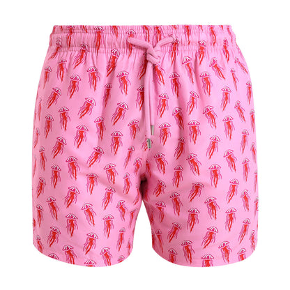 Pink swim shorts with a red jellyfish pattern all over them.