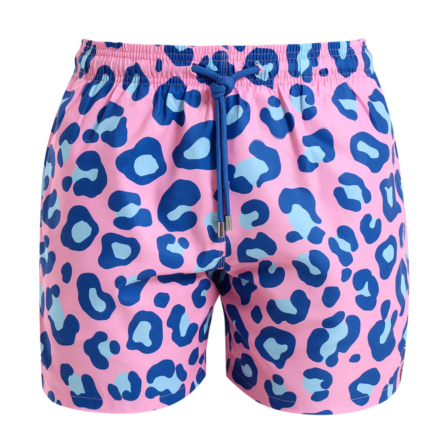 Mens swim shorts with a pink and blue leopard print pattern