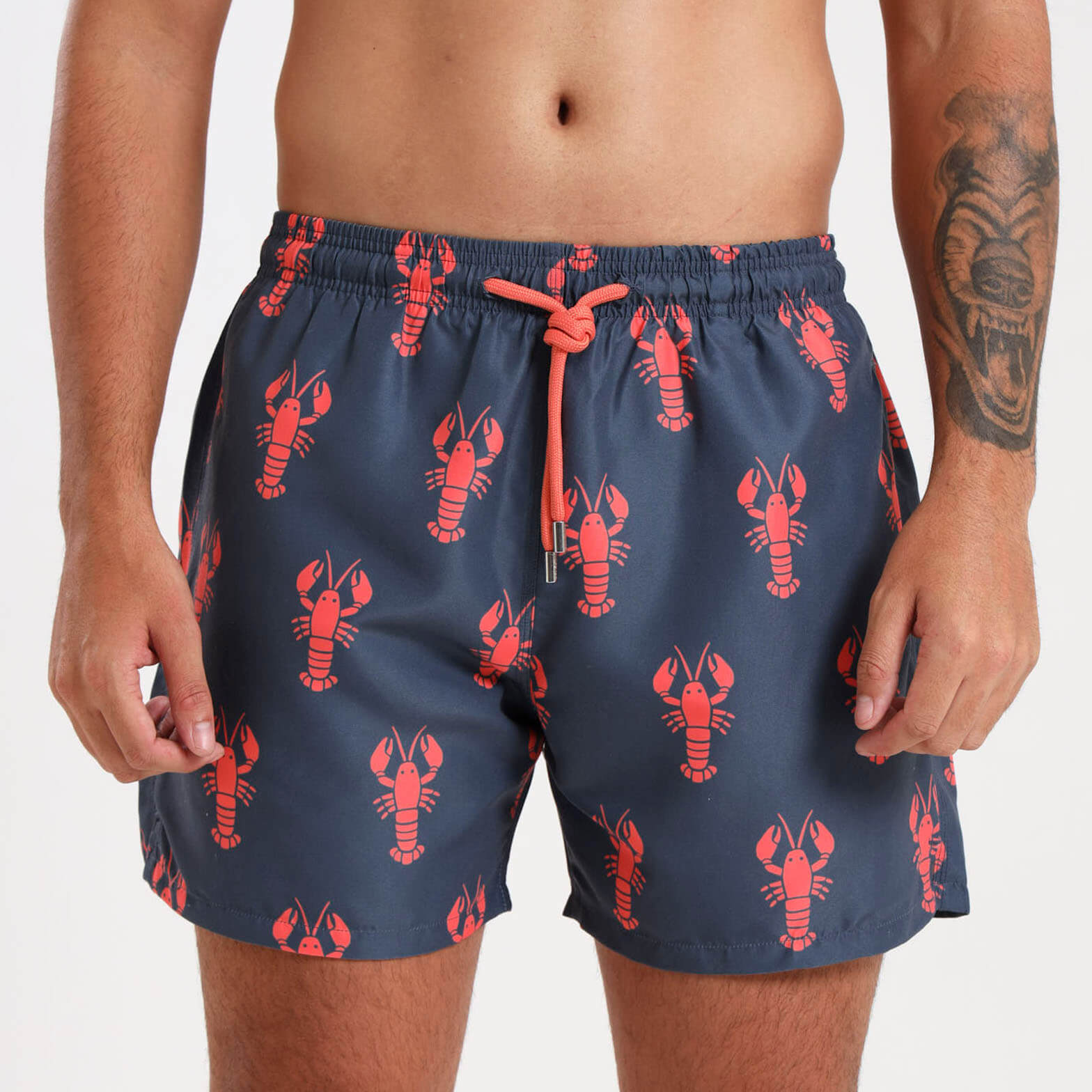 Mens elasticated swim shorts with a steel and orange lobster pattern