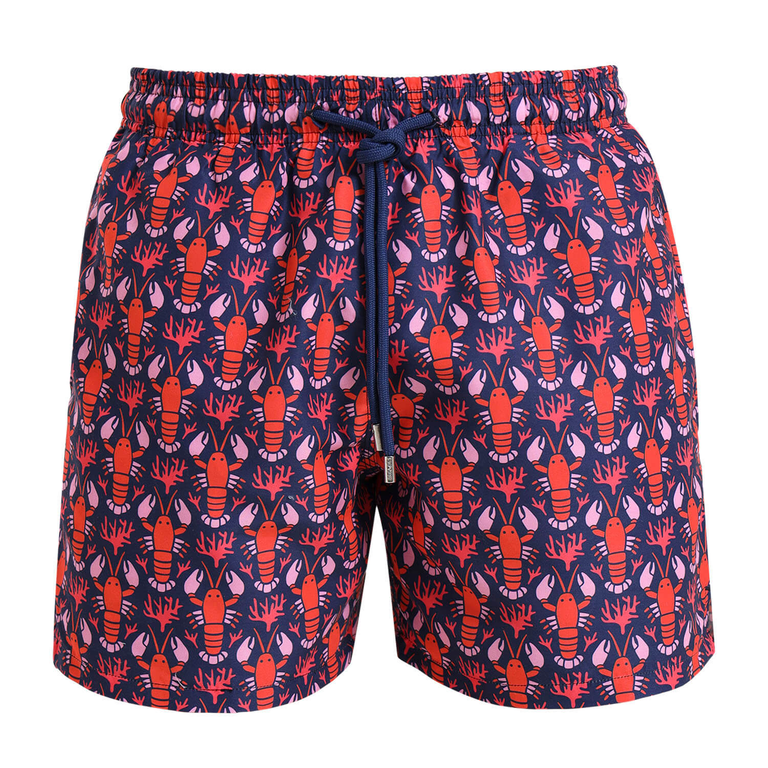 Navy swim shorts with a lobster pattern