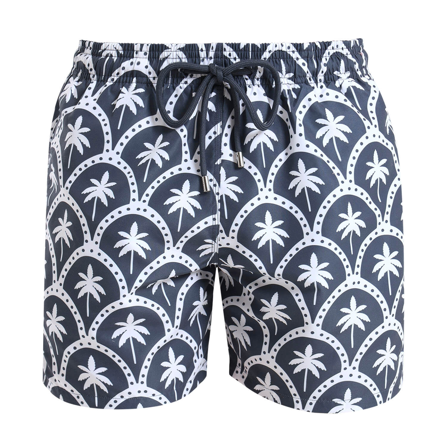 Steel swim shorts with a repeated white palm design