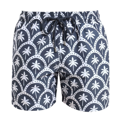 Steel swim shorts with a repeated white palm design