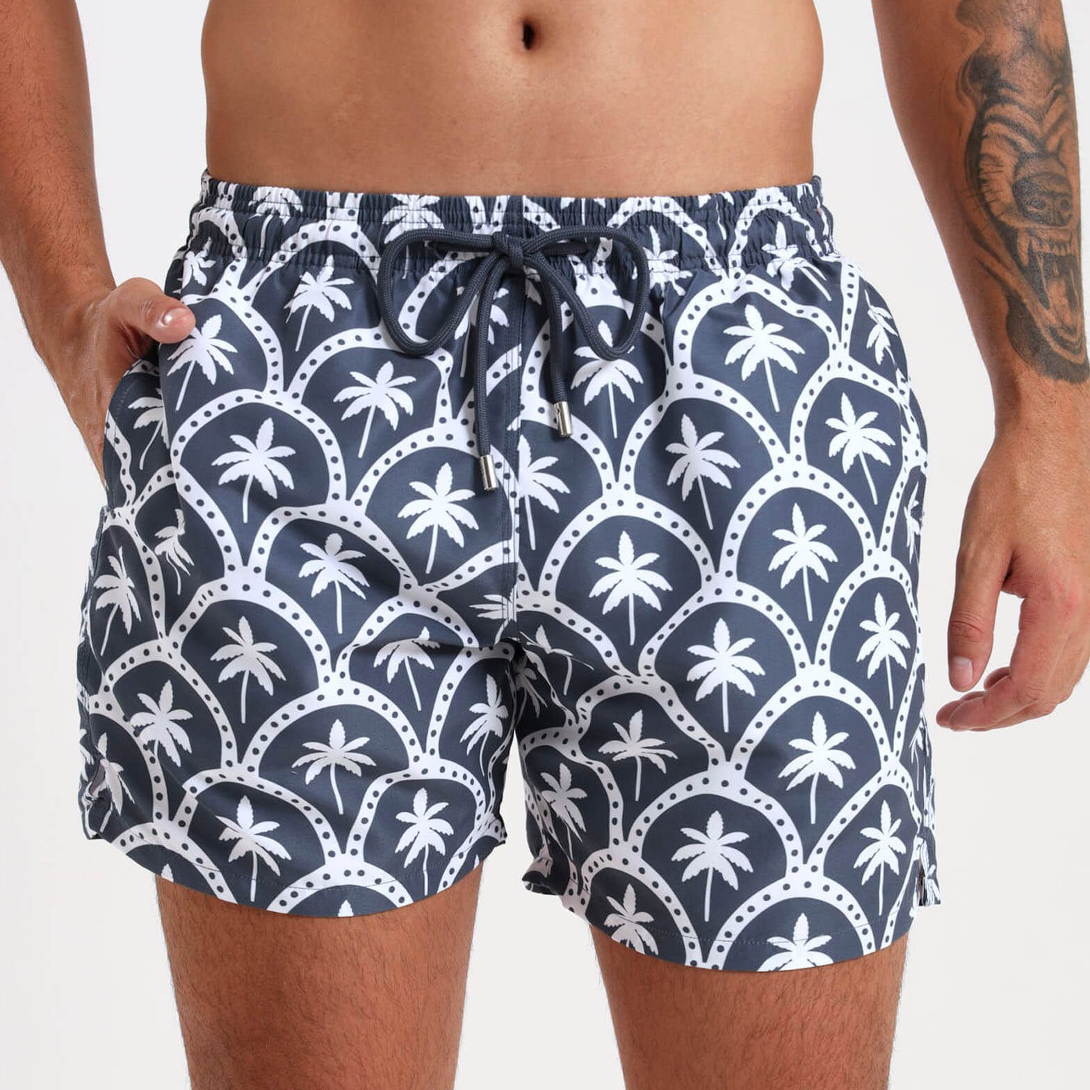 Steel mens swim shorts with a white palm design and a matching steel draw cord.