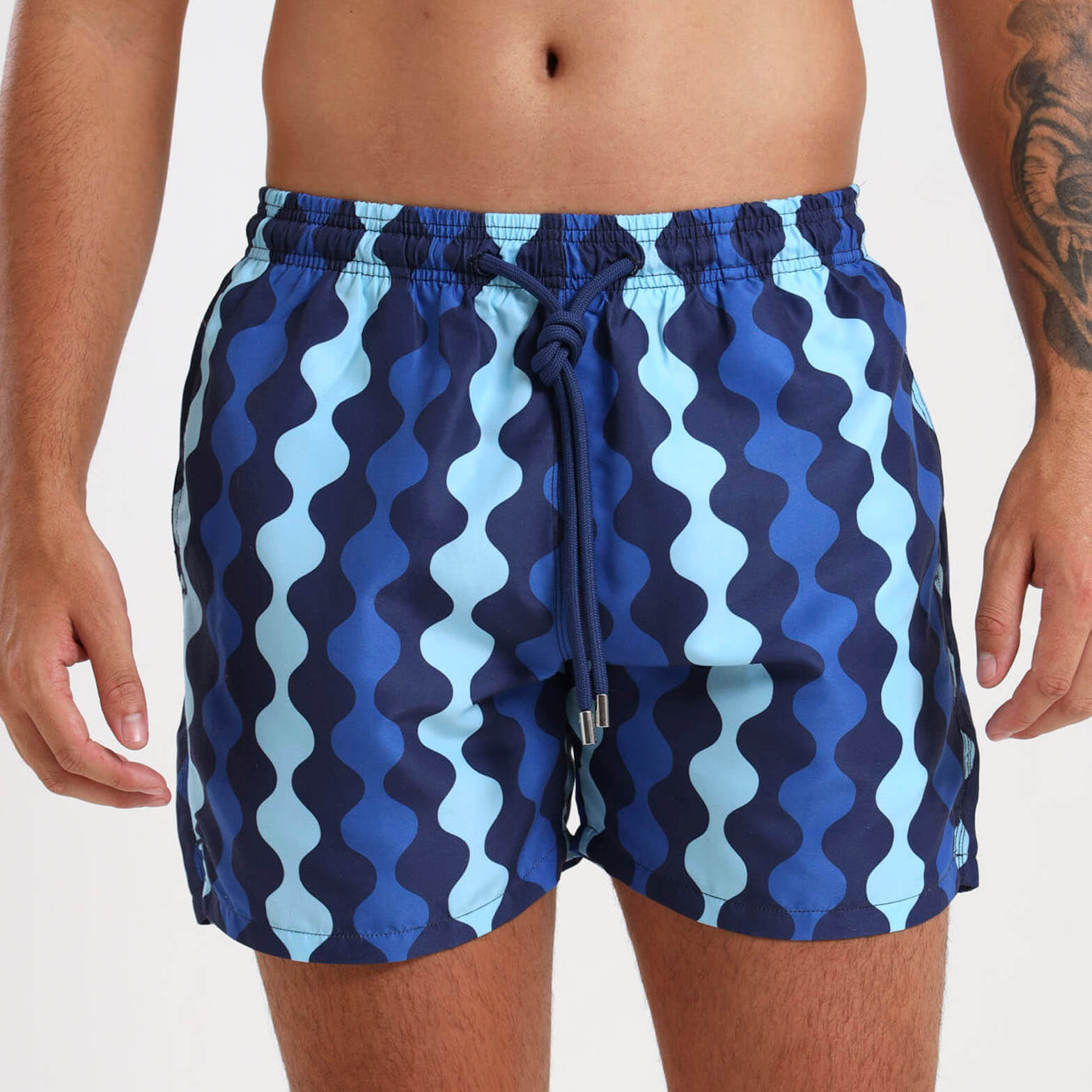 Blue swim shorts for men with a matching coloured draw cord