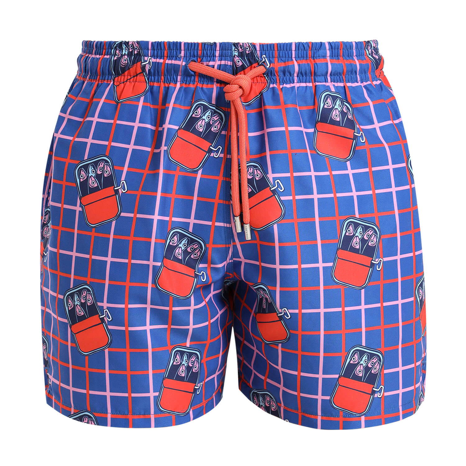 Mens swim shorts with a quirky sardine illustration on a checkered back ground.