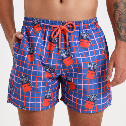 Swim shorts with a quirky meditereanean inspired sardine illustration on a checkered back ground.