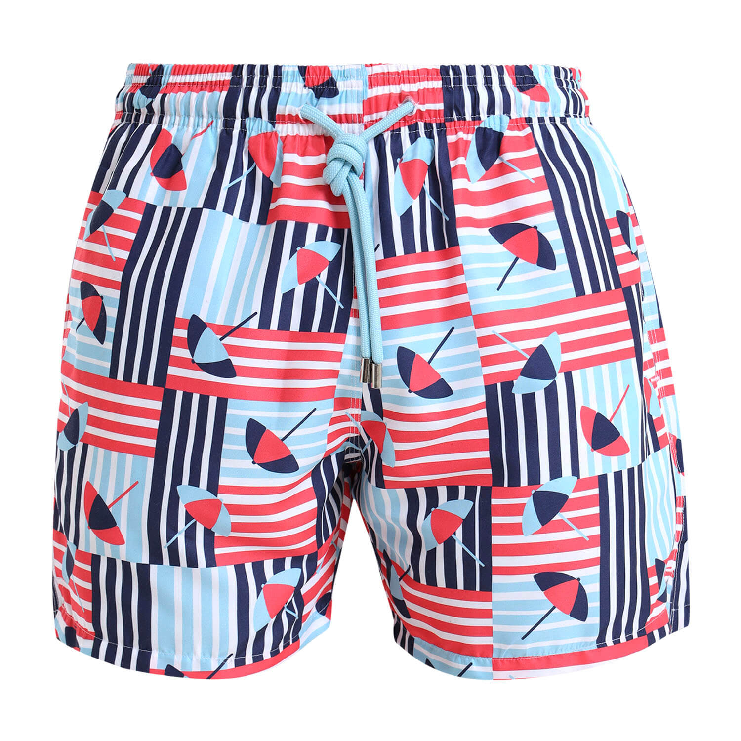Colorful mens swim shorts with an elasticated waist band and a blue umbrella pattern 