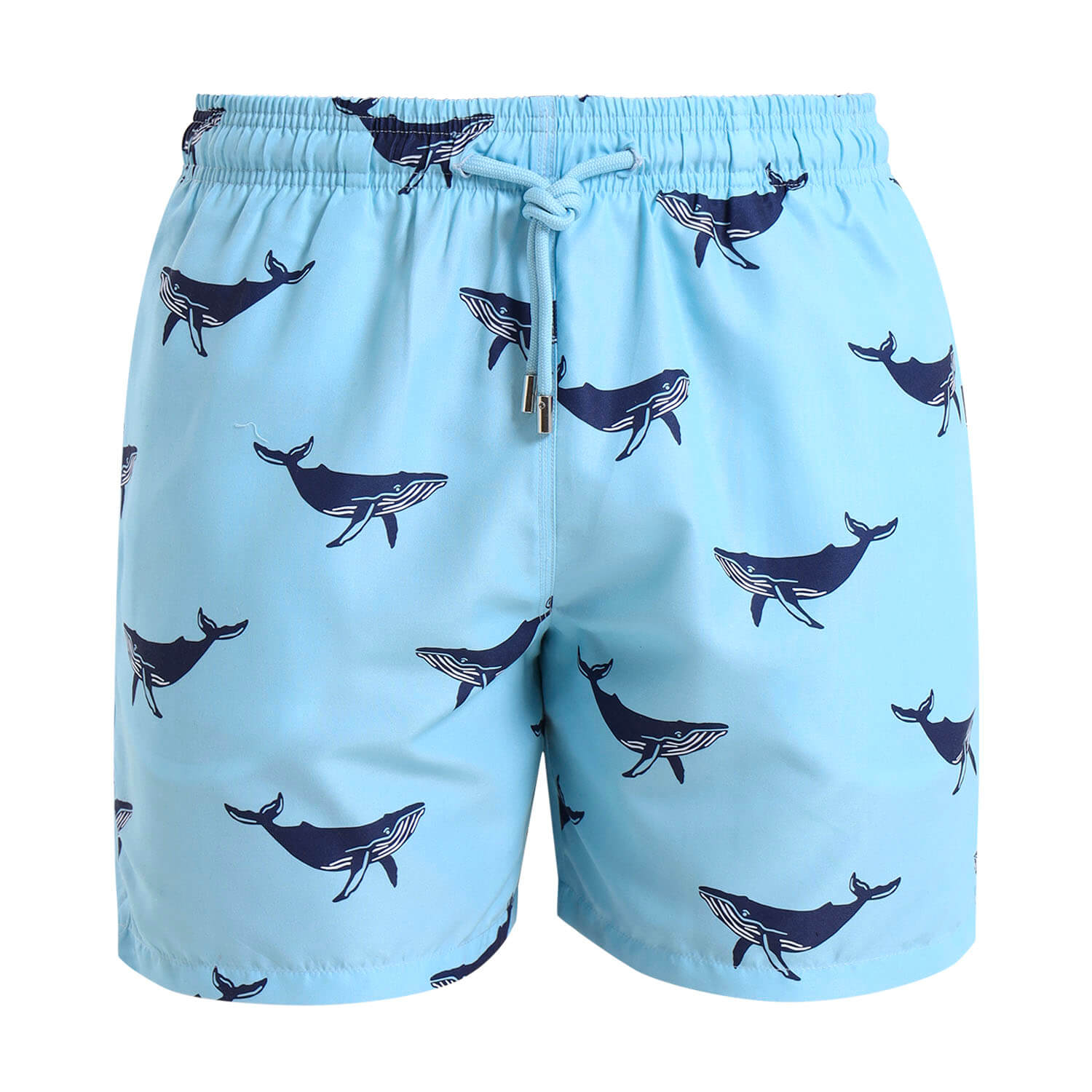 Mens blue swim shorts with an all over whale design 