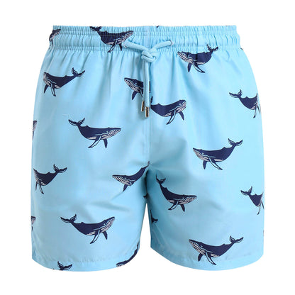 Mens blue swim shorts with an all over whale design 