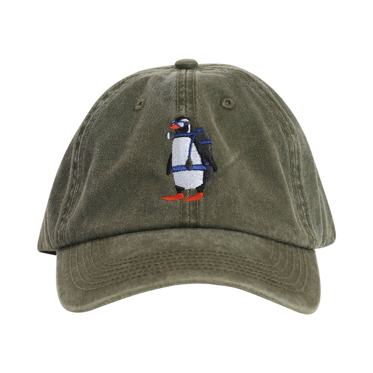 Olive green cotton cap  with washed look and an embroidered penguin on the front.