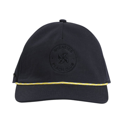 Navy cap with subtle self colour embroidery that says Breazies Beach Club