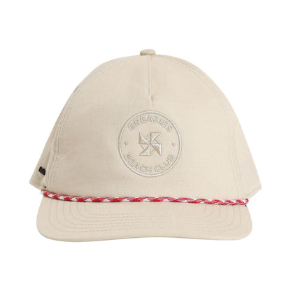 Beige cap with red string and with subtle self colour embroidery that says Breazies Beach Club