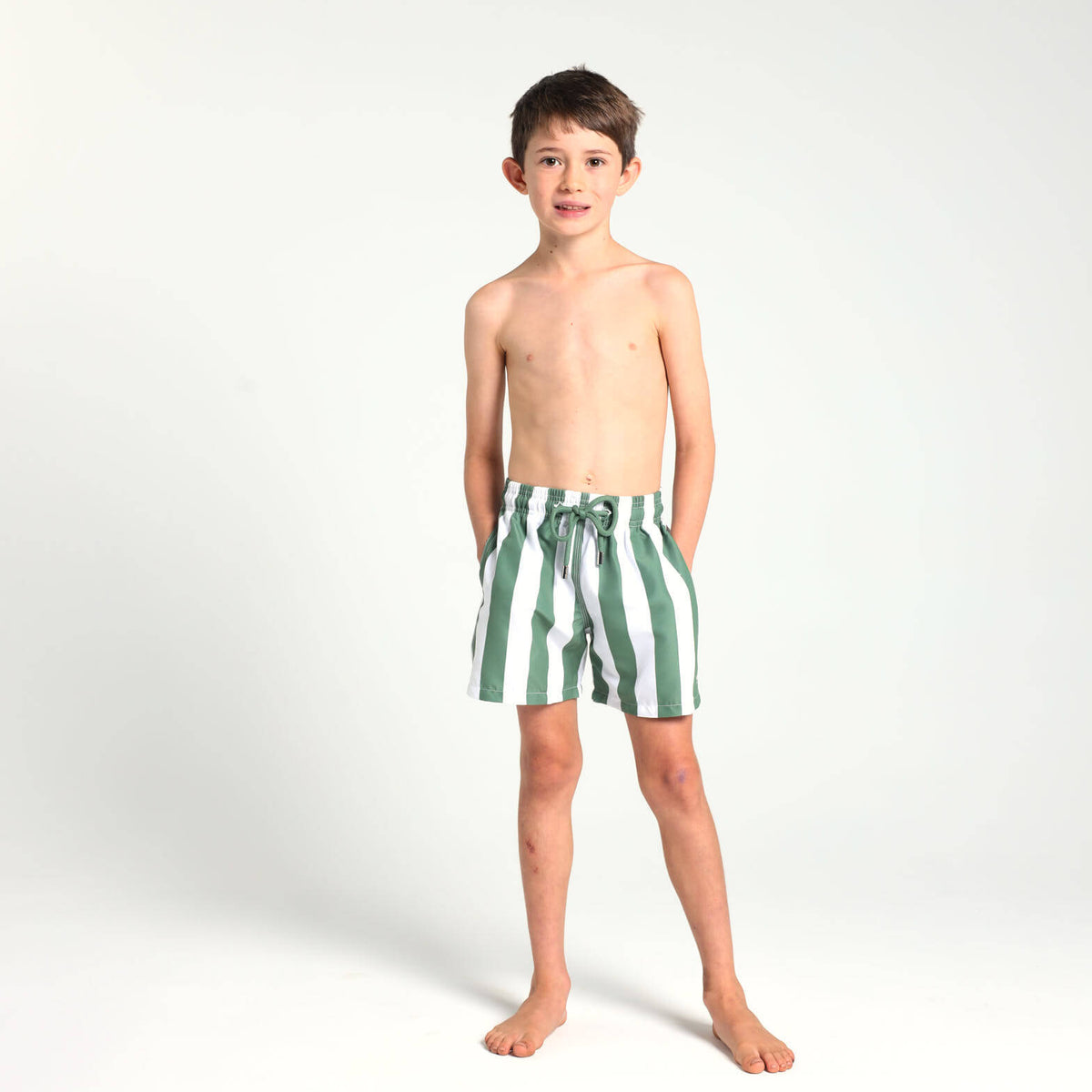Boys Swim Shorts - Stripes | Army Green