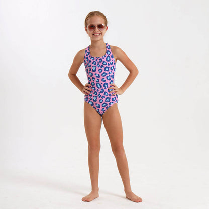 Girl wearing a pink swimming costume with a leopard print pattern
