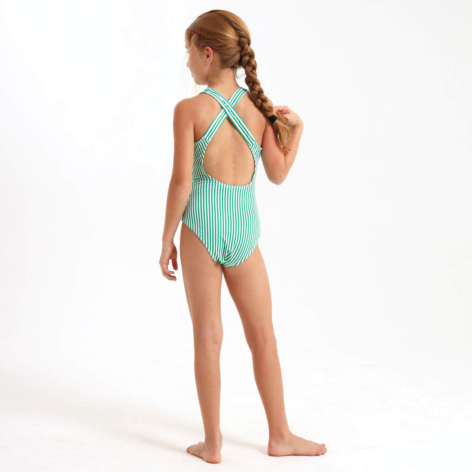 Green and white stripe girls one piece swimming costume with cross over back strap.