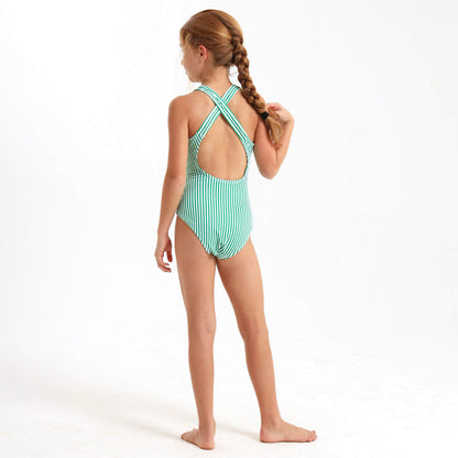 Green and white stripe girls one piece swimming costume with cross over back strap.