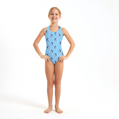 Girls One Piece - Scuba Penguin | Baby Blue