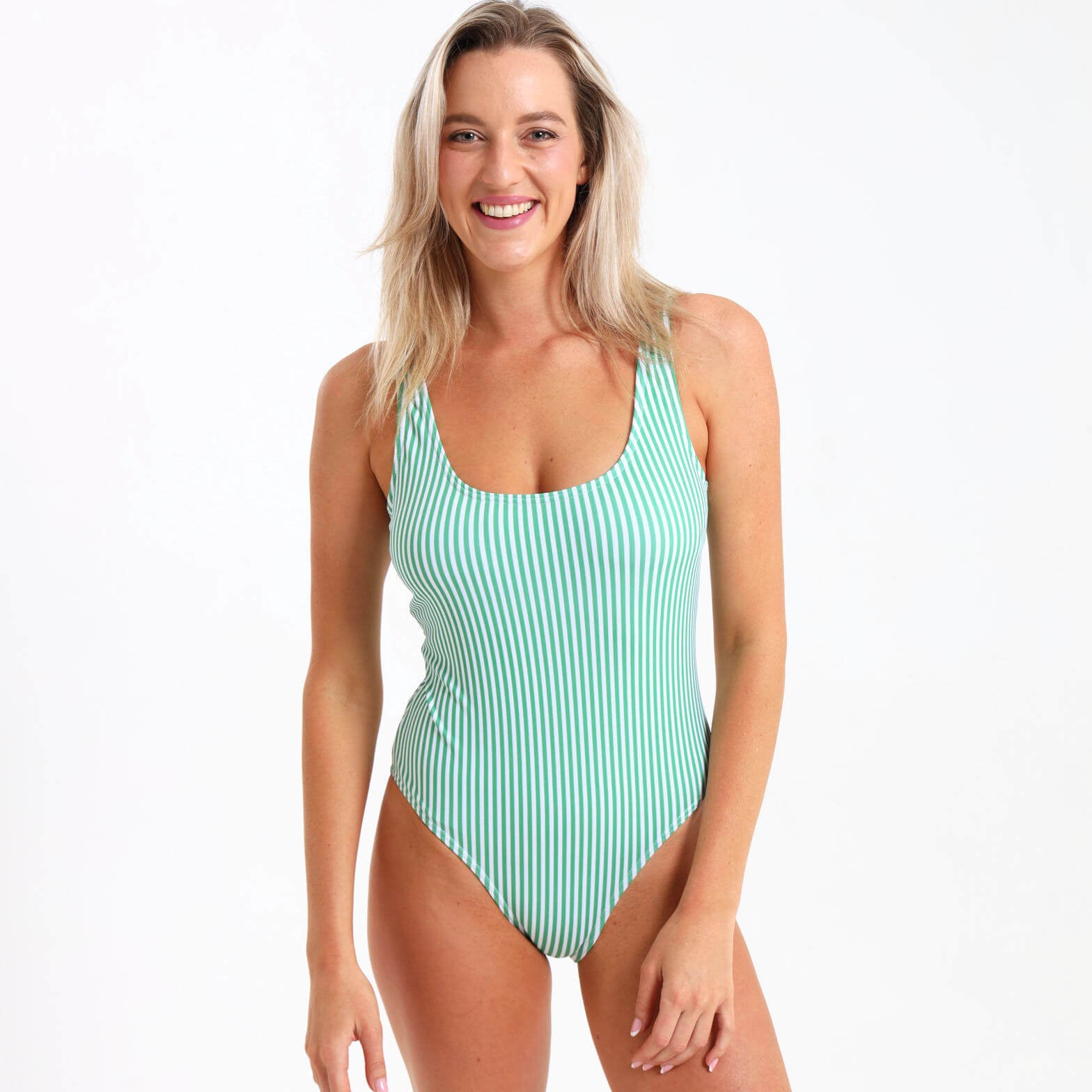 Green and white striped ladies one piece swimsuit
