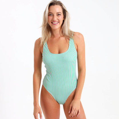Green and white striped ladies one piece swimsuit